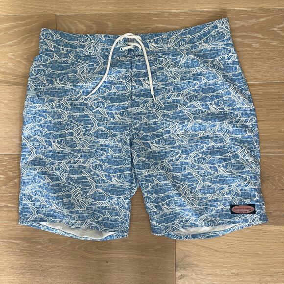 Vineyard Vines Men's School of Tarpon Board Shorts Blue White sz 35 - Picture 1 of 6